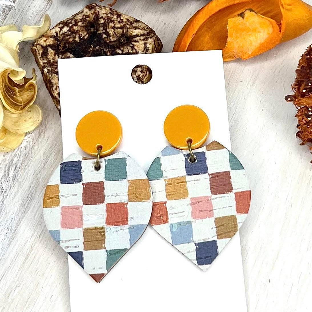 FALL COLORED CHECKERED PRINT TEARDROP HANDMADE EARRINGS BY B.O.D