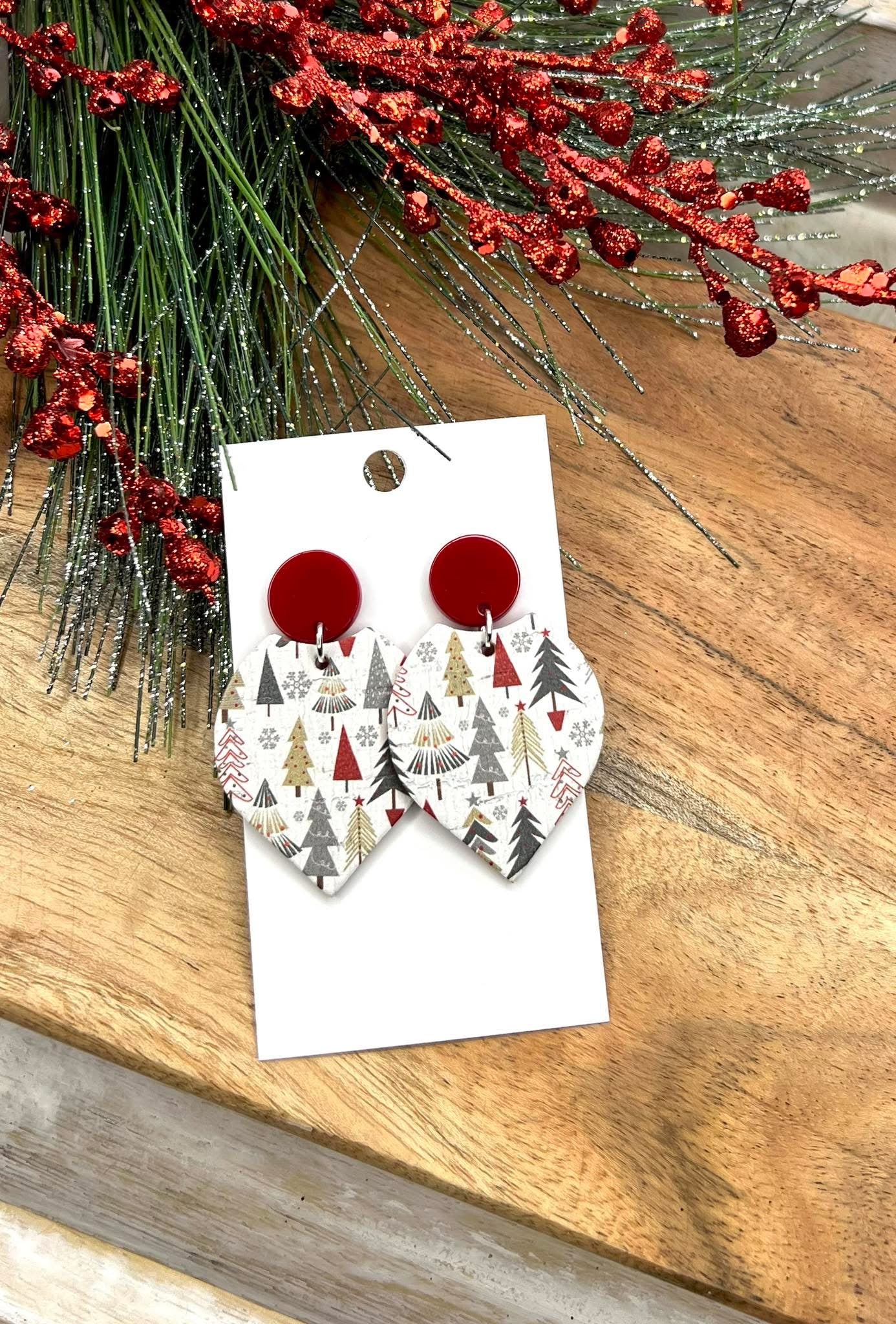 MERRY FOREST WITH CHRISTMAS PINE TREES AND RED ACCENTS AND RED ACRYLIC STUD TOPPER HANDMADE EARRINGS BY B.O.D