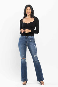 DARKWASH MID RISE HAND SAND DESTROYED BOOTCUT JUDY BLUE DENIM