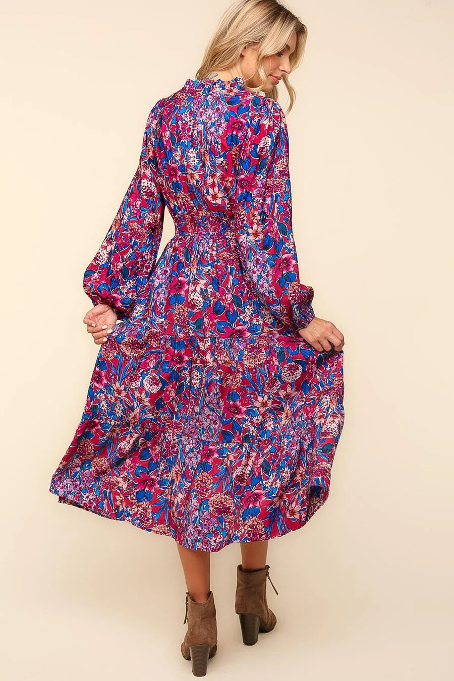 PINK BLUE NOTCH NECK PRINTED POCKETED MAXI DRESS