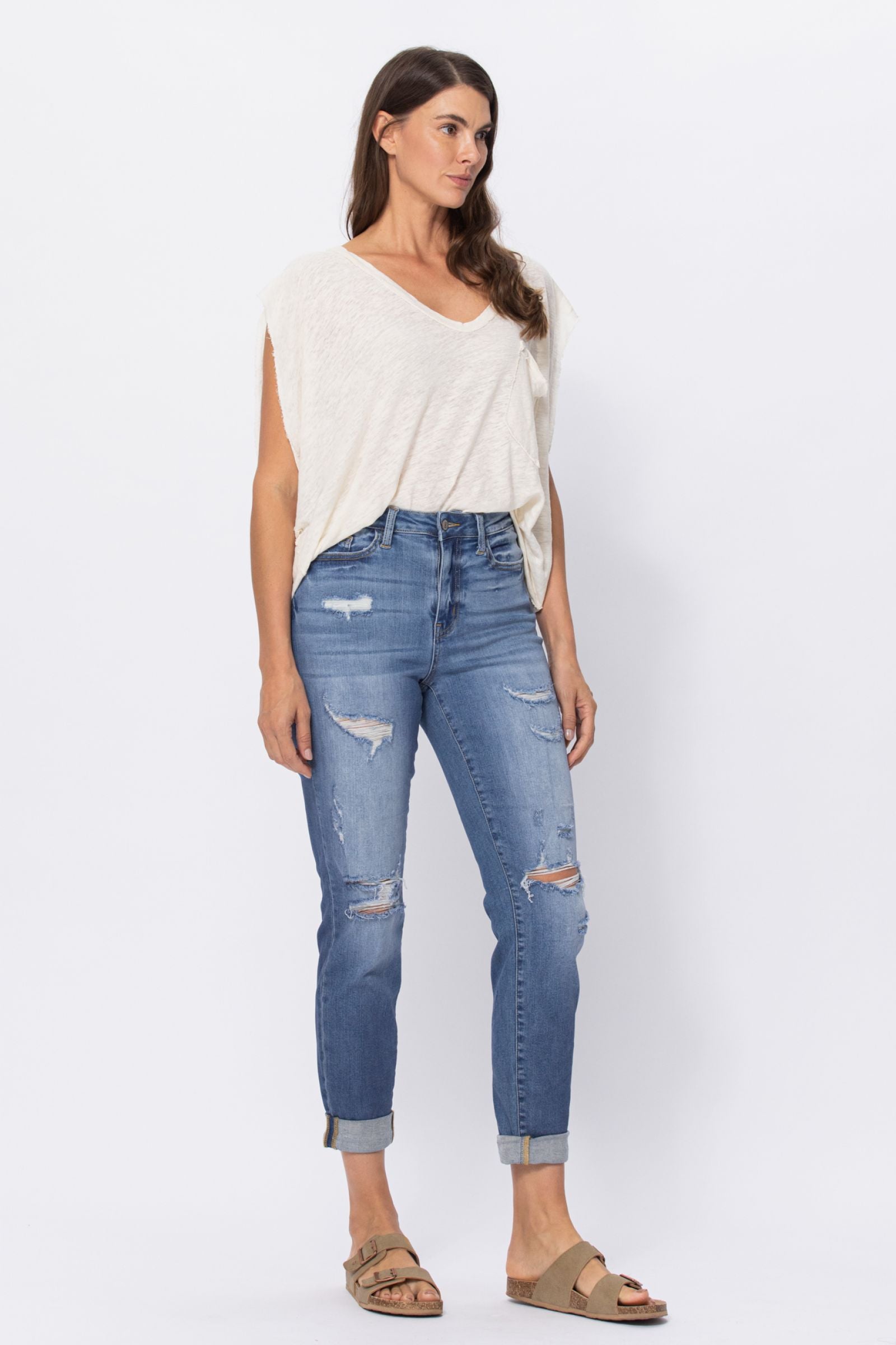 LIGHT WASH HIGH WAIST CUFFED BOYFRIED WITH DESTROY JUDY BLUE DENIM-PLUS