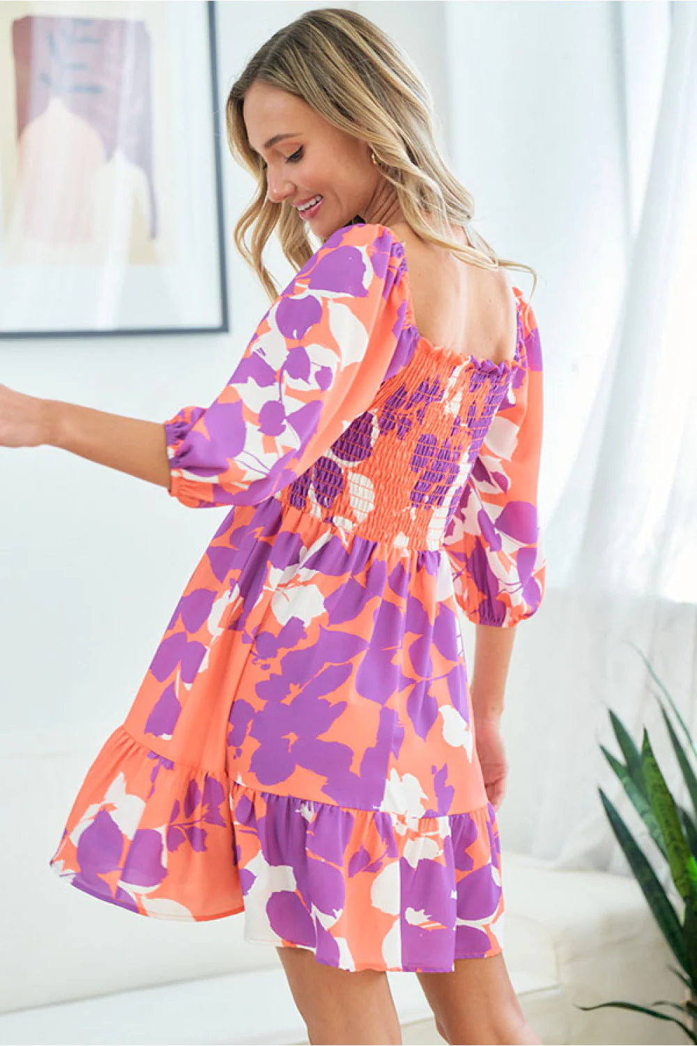 CORAL PURPLE FLORAL BABYDOLL FIT & FLARE SMOCKED DRESS- PLUS- SALE