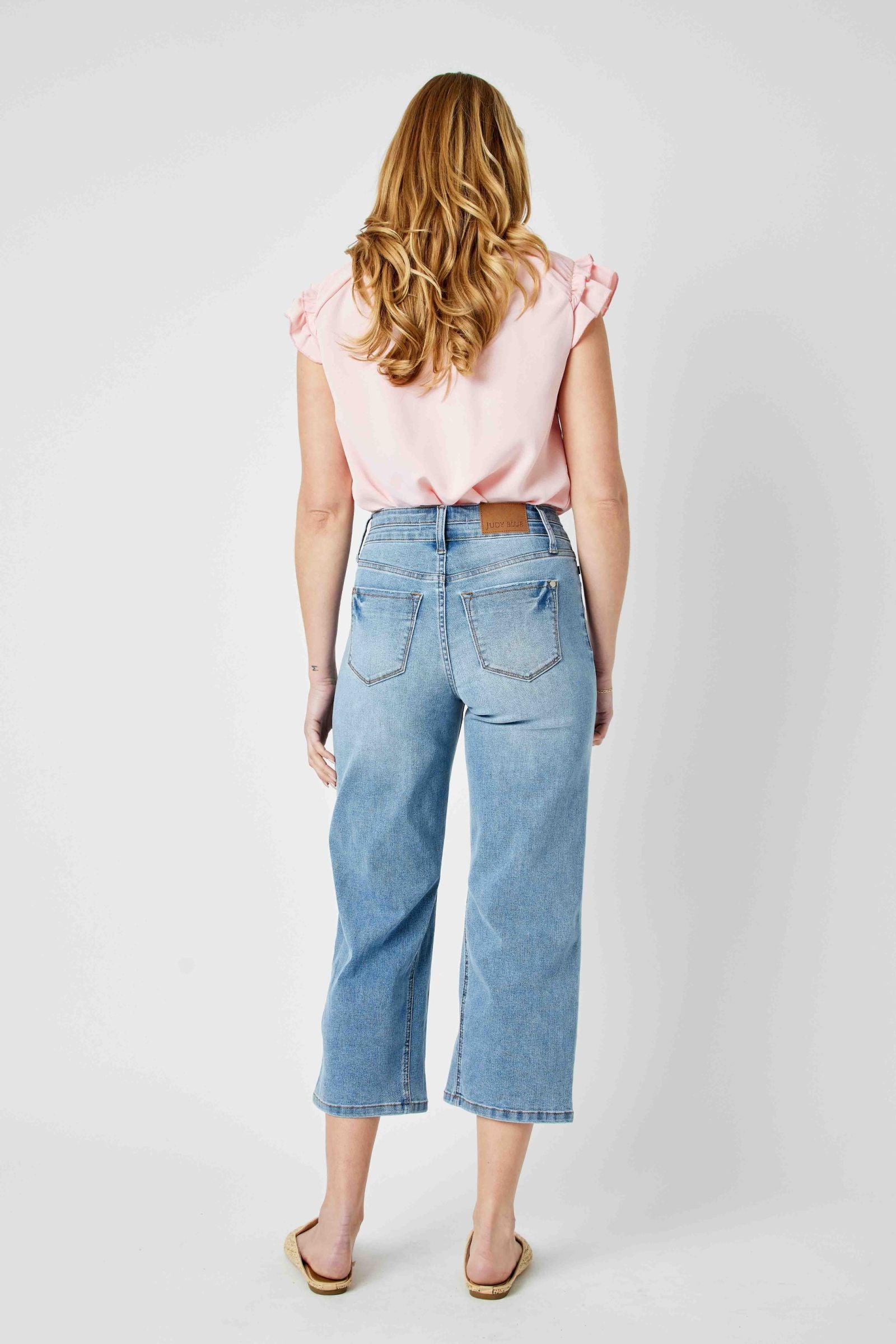 MEDIUM WASH HIGH WAIST DOUBLE WAISTBAND CROPPED WIDE LEG JUDY BLUE DENIM-PLUS