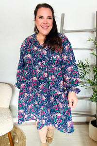 NAVY FLORAL BOW TIE BABYDOLL LONG SLEEVE RUFFLE DRESS
