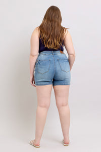 MEDIUM WASH HIGH WAIST TUMMY CONTROL COOL DENIM DOUBLE WAISTBAND SHORTS BY JUDY BLUE-PLUS