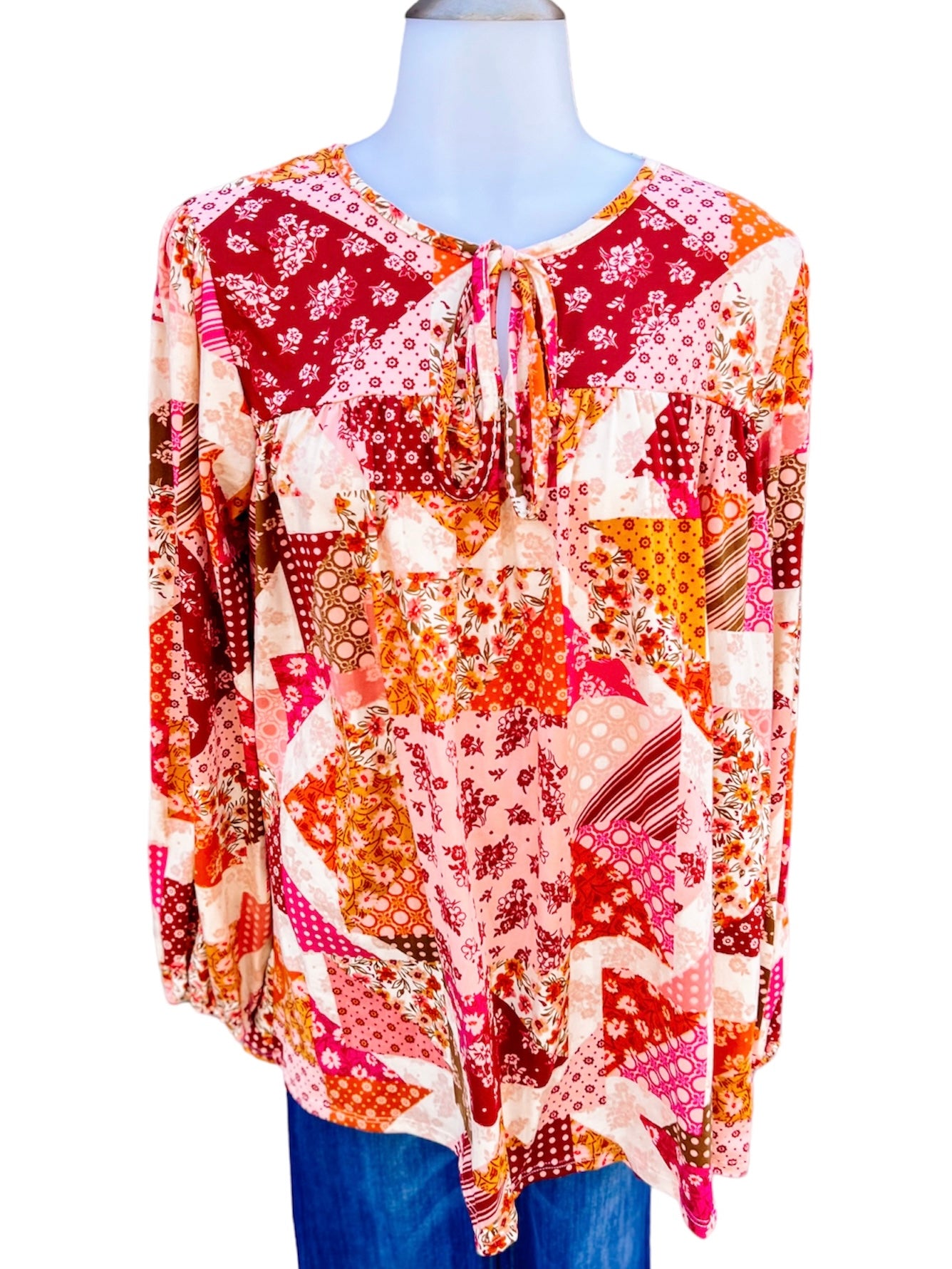 Wine Mauve Patchwork Ethnic Floral Top-PLUS