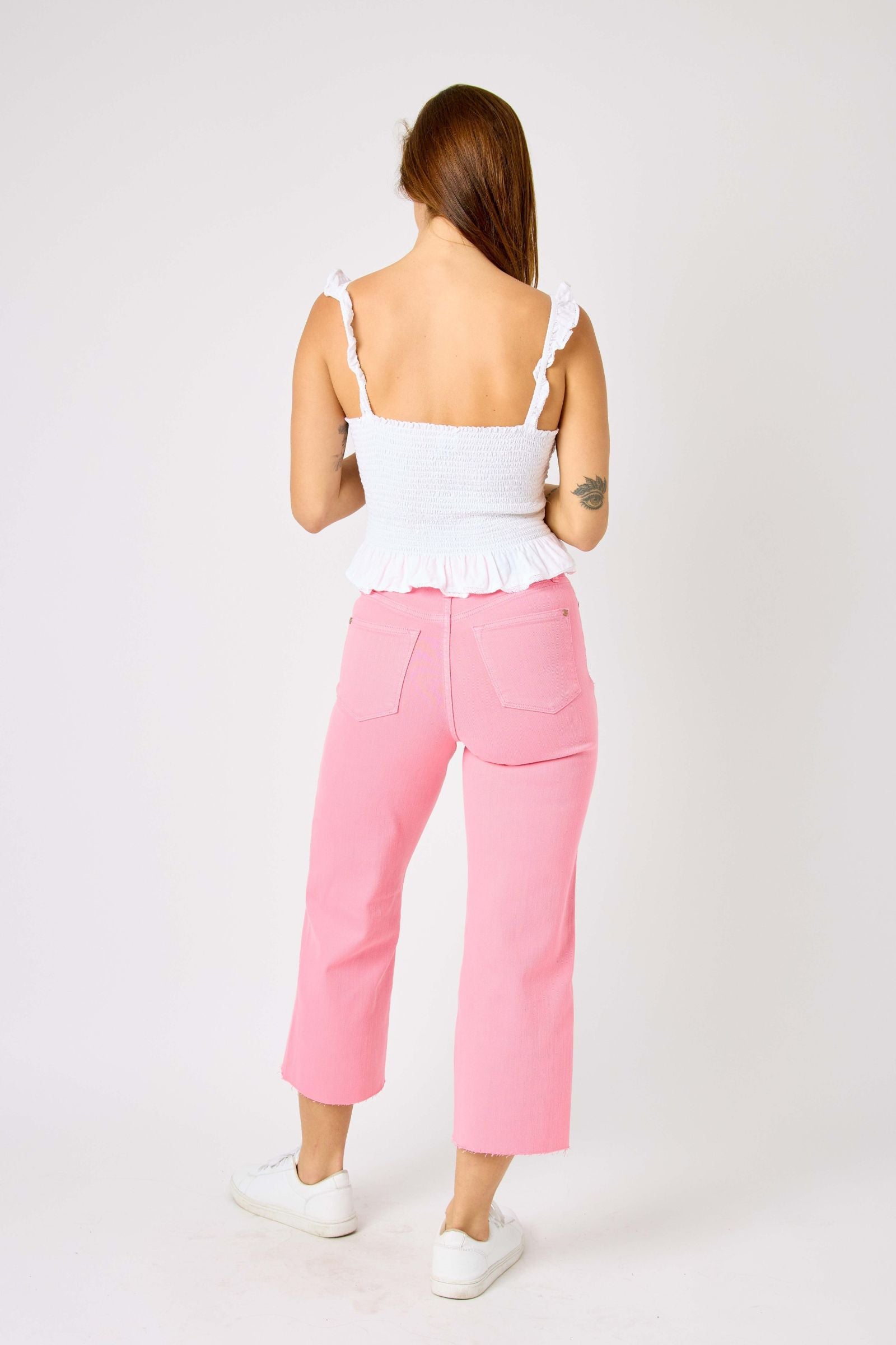 PINK HIGH WAIST GARMENT DYED TUMMY CONTROL CROPPED WIDE LEG JUDY BLUE DENIM- PLUS