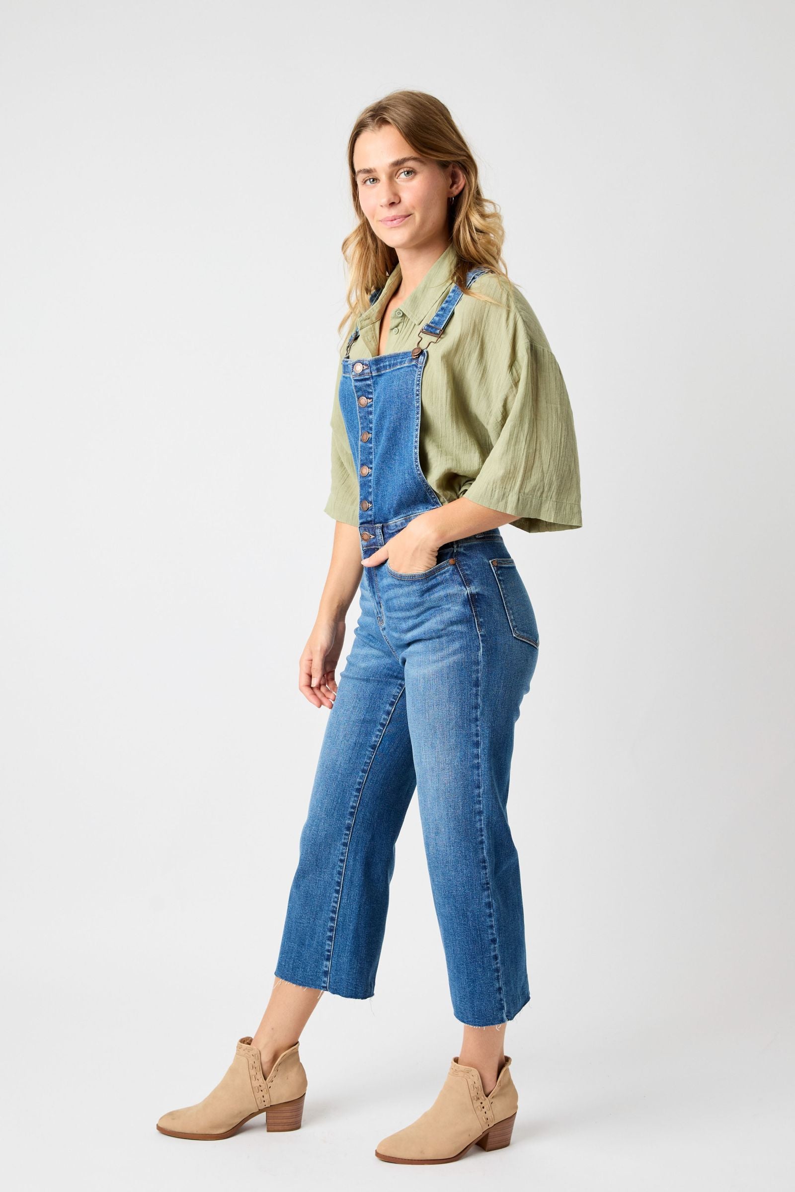 MEDIUM WASH HIGH WAIST CROPPED WIDE LEG OVERALLS DENIM JUDY BLUE