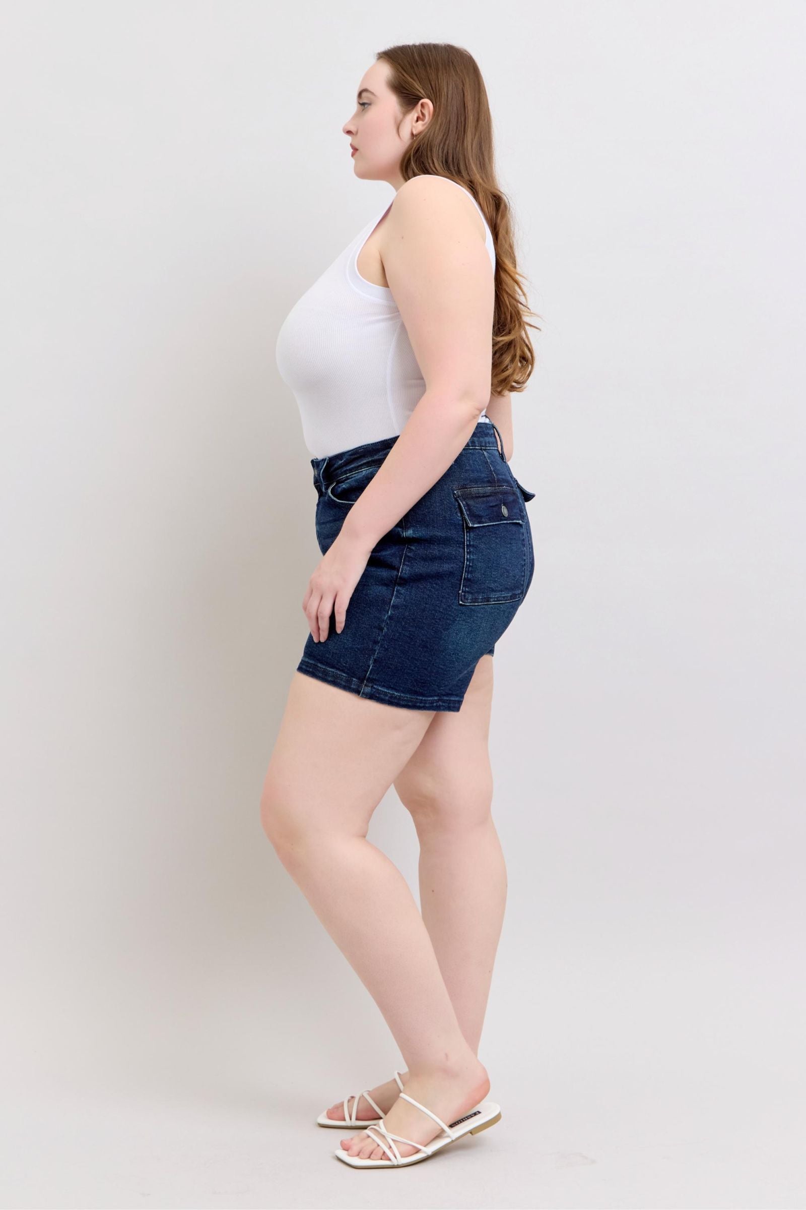 MEDIUM BLUE HIGH WAIST BACK FLAP POCKETED SHORTS JUDY BLUE DENIM-PLUS
