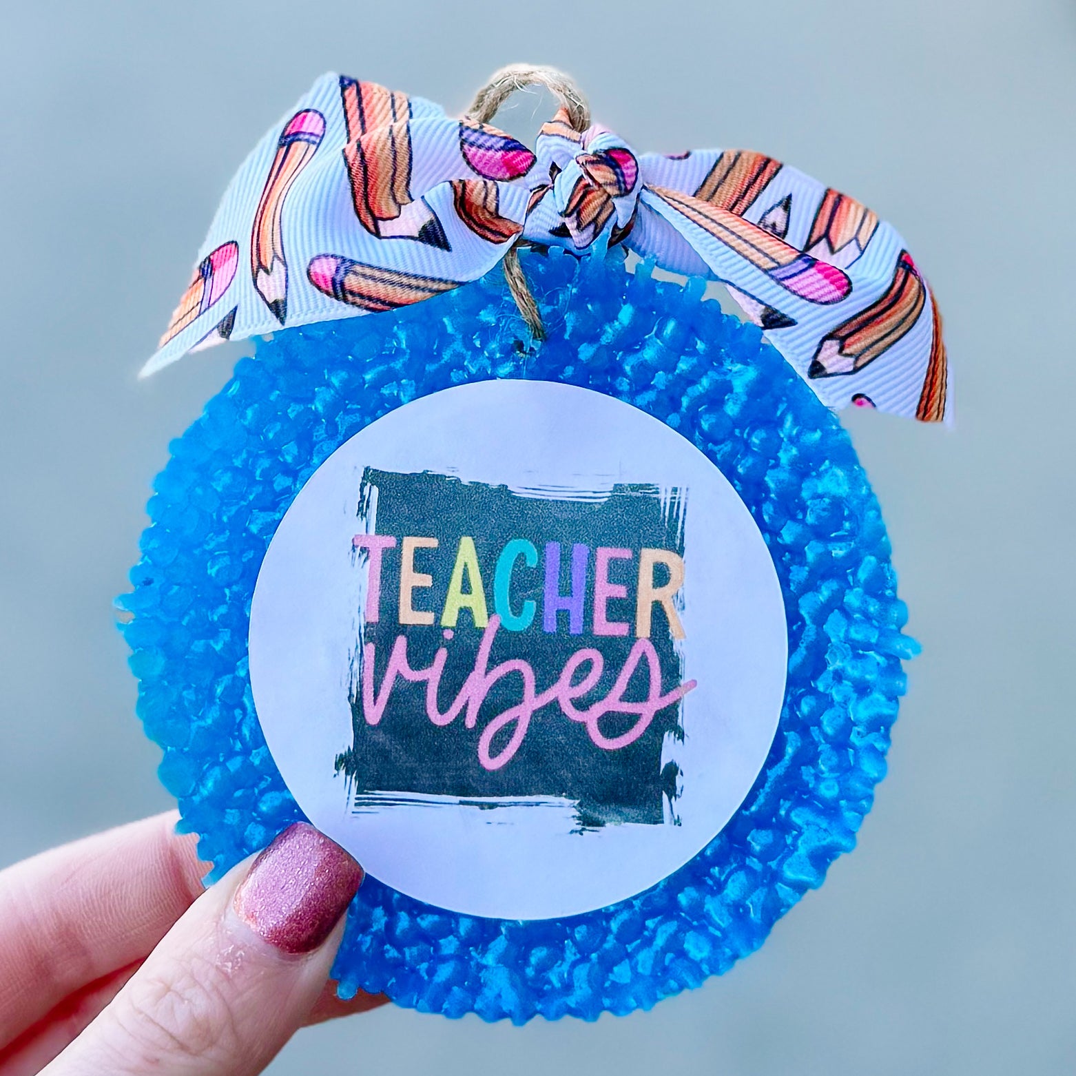 CUCUMBER MELON TEACHER VIBES COLORFUL BLUE FRESHIE WITH RIBBON