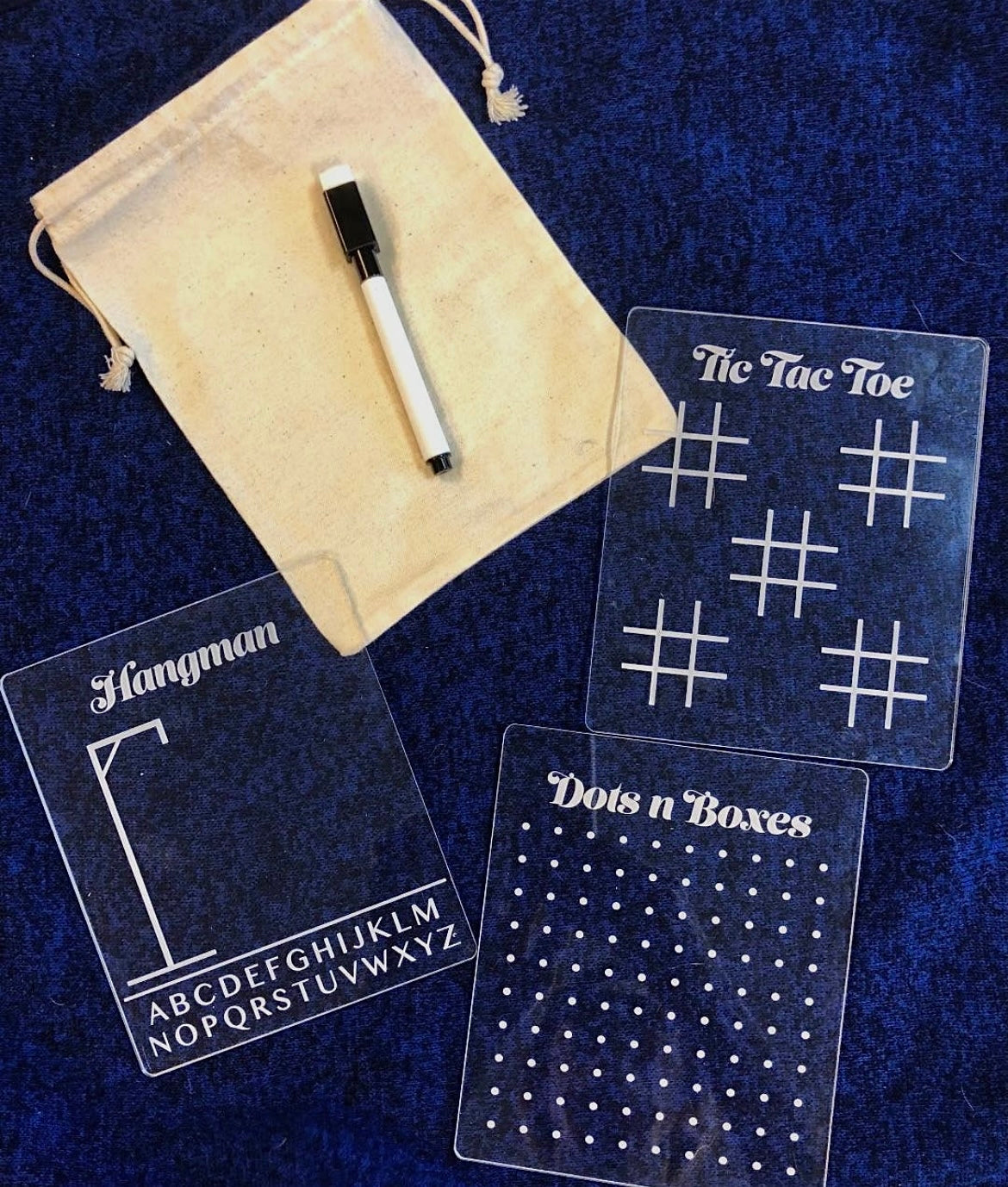Travel Games Set of 3 - Acrylic Dry Erase Board With Marker & Travel Pouch: Tic Tac Toe, Hangham, Dots & Boxes