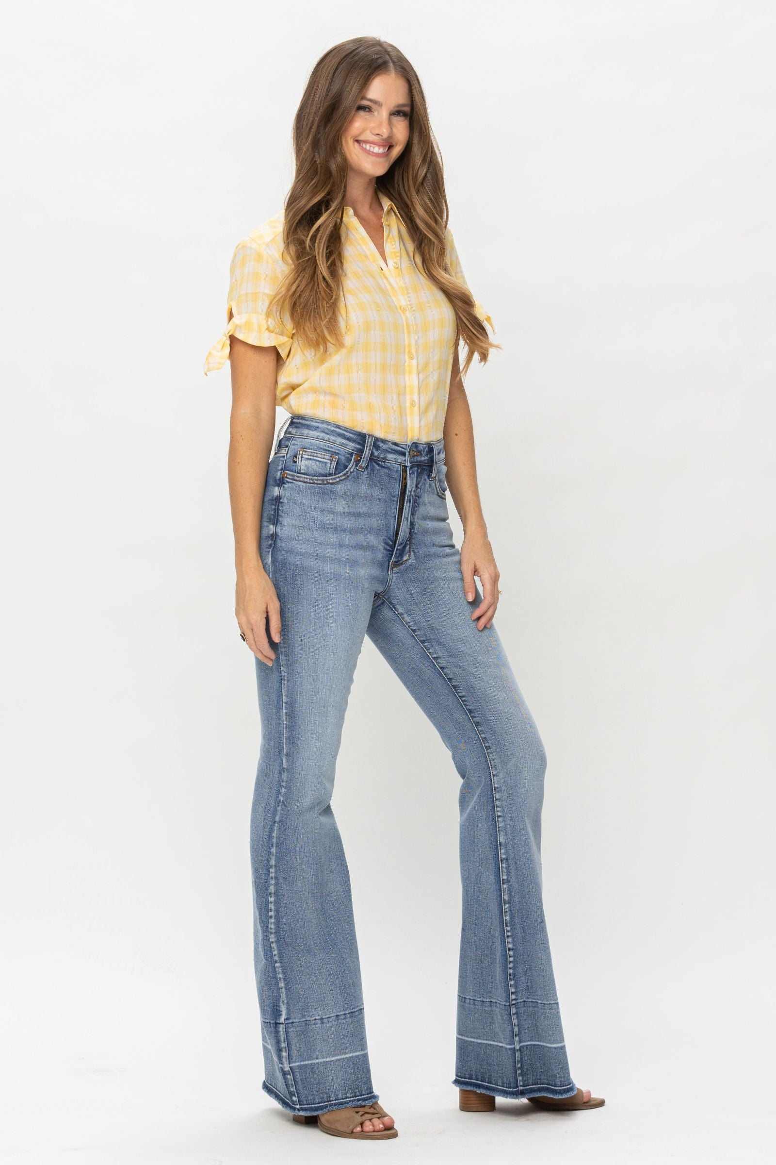 MEDIUM WASH HIGH WAIST TUMMY CONTROL WITH RELEASE HEM FLARE JUDY BLUE DENIM-PLUS