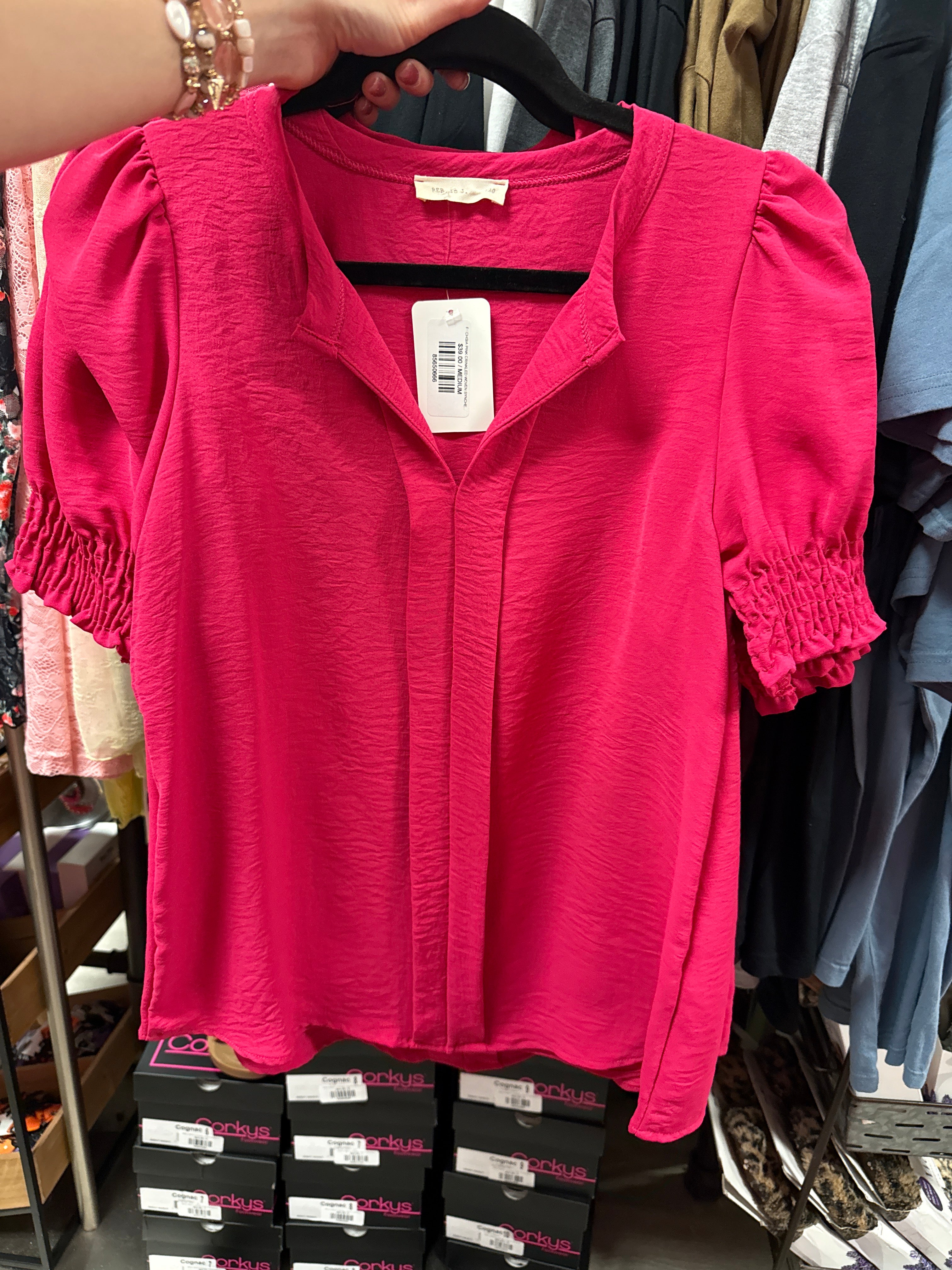 FUCHSIA PINK CRINKLED WOVEN SYNCHED RUCHED SLEEVE TOP- SALE