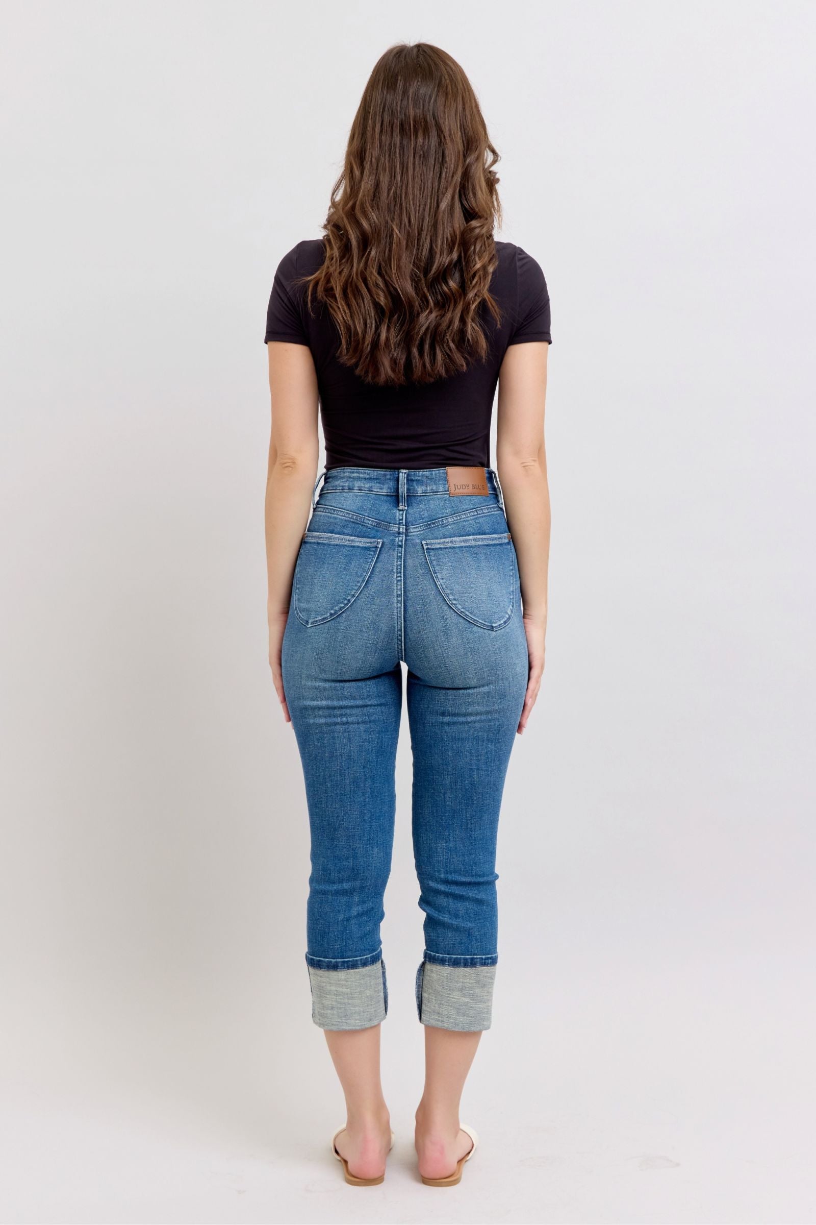 HIGH WAIST TUMMY CONTROL MEDIUM WASH BACK SHIELD POCKETS & CUFFED CAPRIS JUDY BLUE DENIM