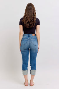 HIGH WAIST TUMMY CONTROL MEDIUM WASH BACK SHIELD POCKETS & CUFFED CAPRIS JUDY BLUE DENIM
