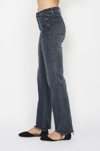 DARK WASH HIGH WAIST BUTTON FLY DESTROYED HEM STRAIGHT LEG JUDY BLUE DENIM