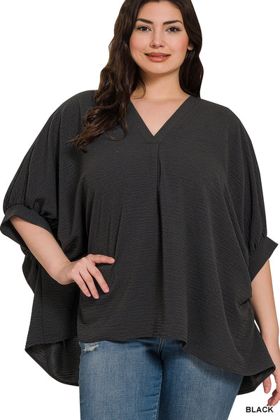 BLACK WOVEN AIRFLOW V-NECK PUFF HALF SLEEVE TOP- PLUS- SALE