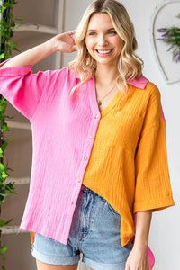 FUCHSIA ORANGE COLORBLOCK COLLARED BUTTON DOWN COTTON-GAUZE-LIKE MATERIAL FRONT POCKET TOP