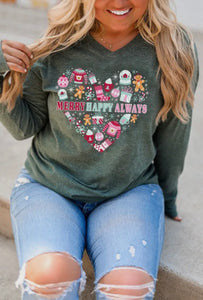 KINDNESS & CONFETTI MERRY HAPPY ALWAYS LONGSLEEVE GREEN TEE