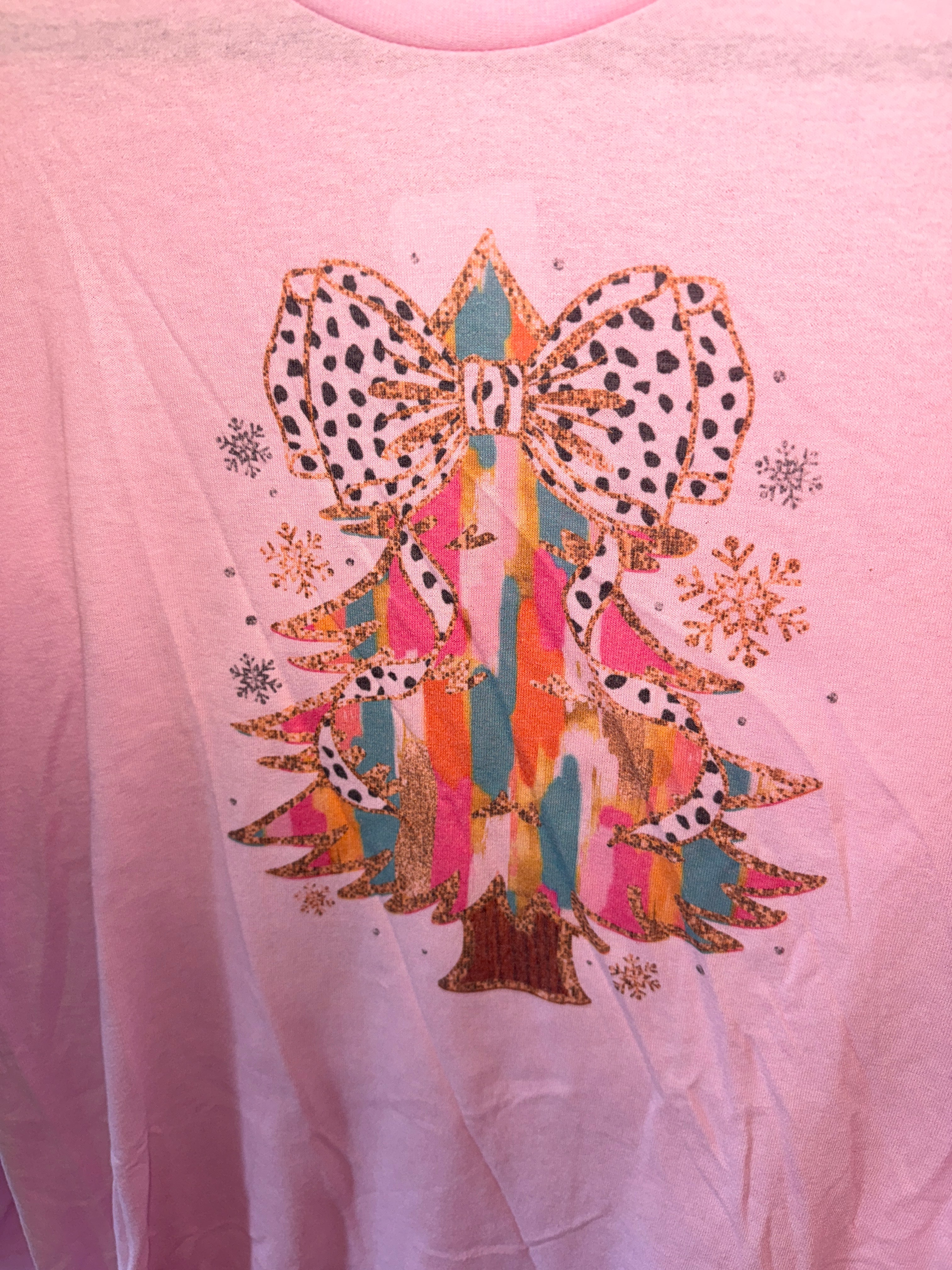 COLORFUL CHRISTMAS TREE WATERCOLOR DALMATIAN BOW PINK SHORT SLEEVE TEE