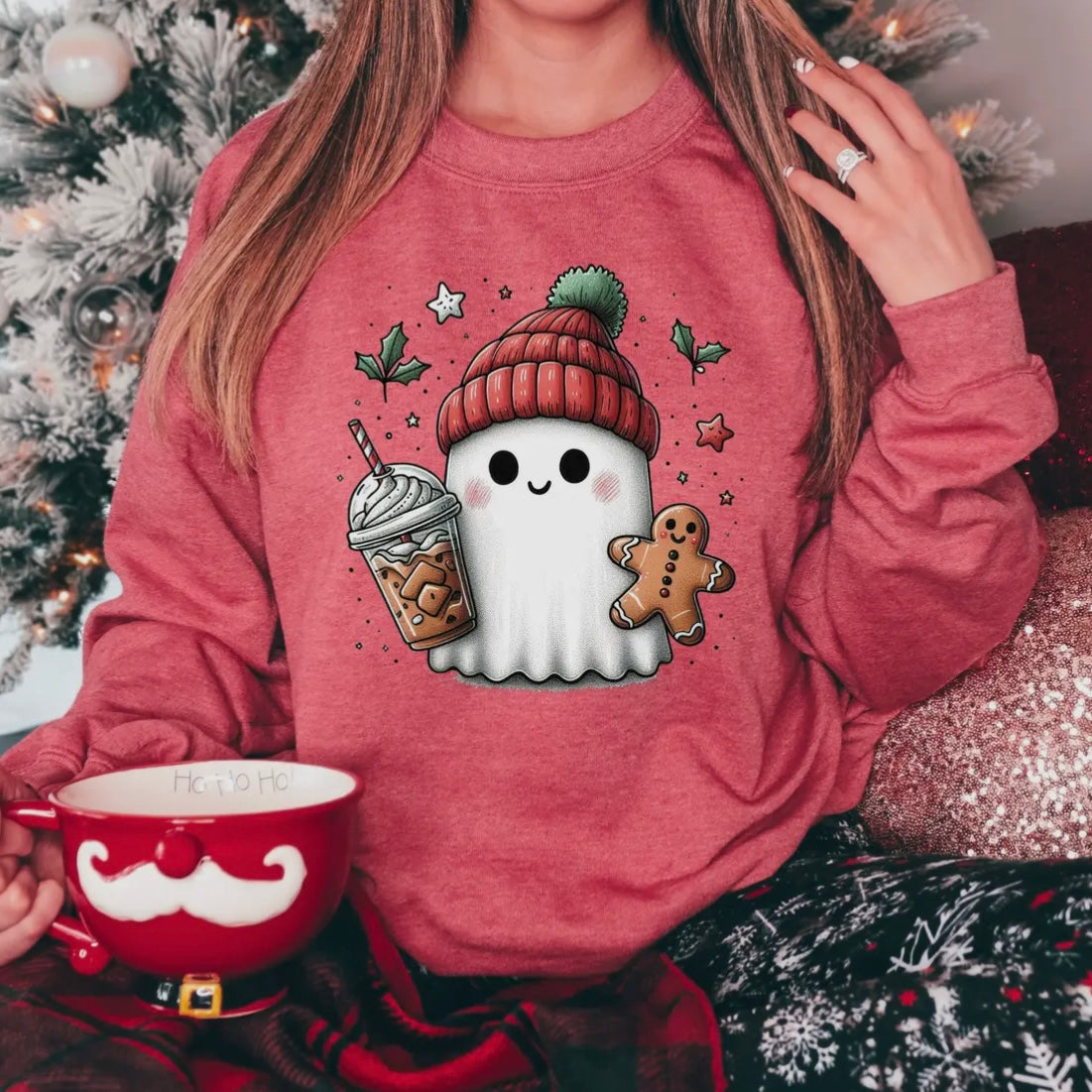 CHRISTMAS GHOST WITH COFFEE AND GINGERBREAD MAN SWEATSHIRT