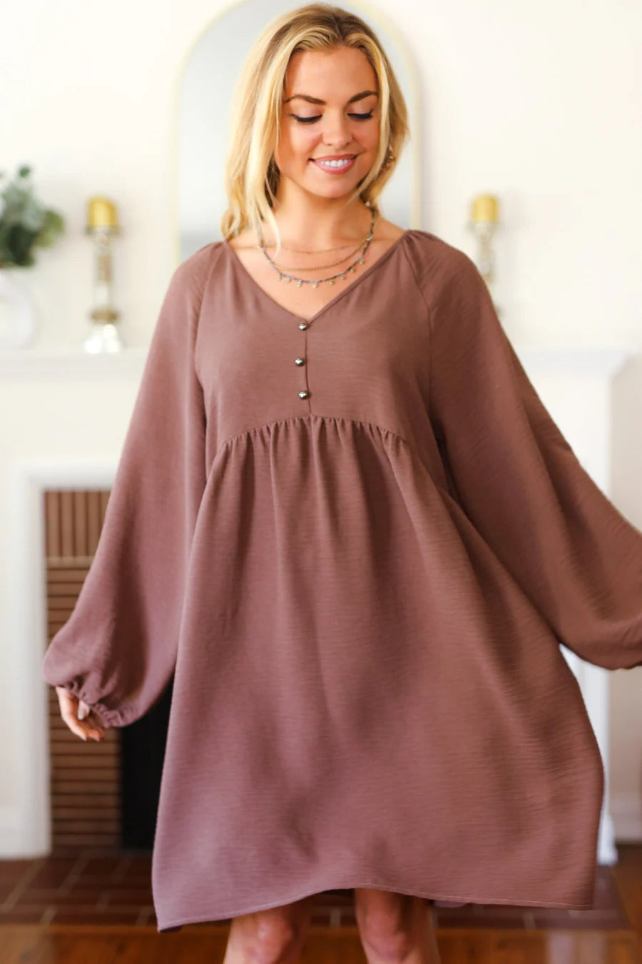 MOCHA WAFFLE KNIT WOVEN VNECK BABYDOLL DRESS