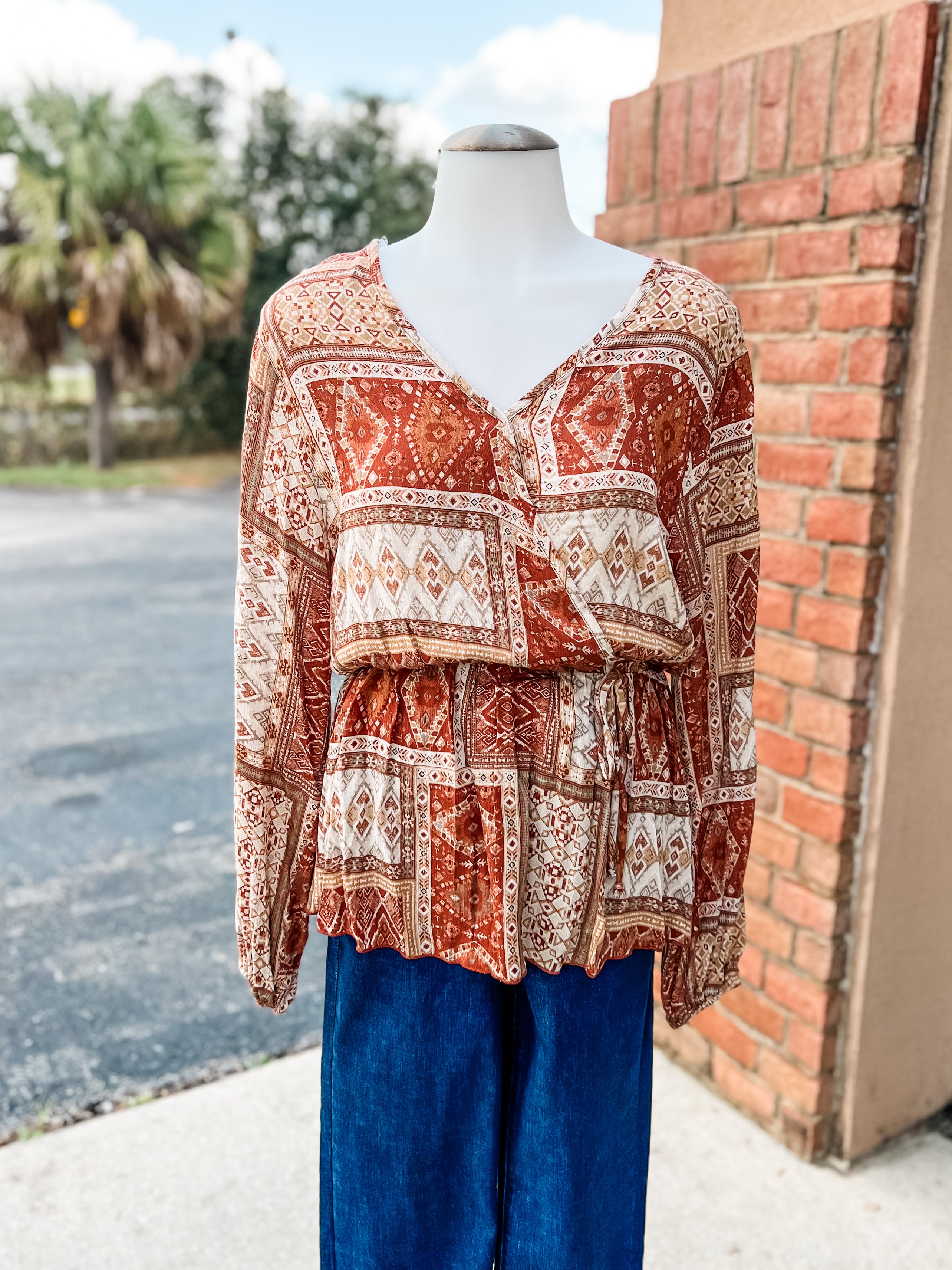 Rust Aztec Peplum Flare Longsleeve Top-PLUS