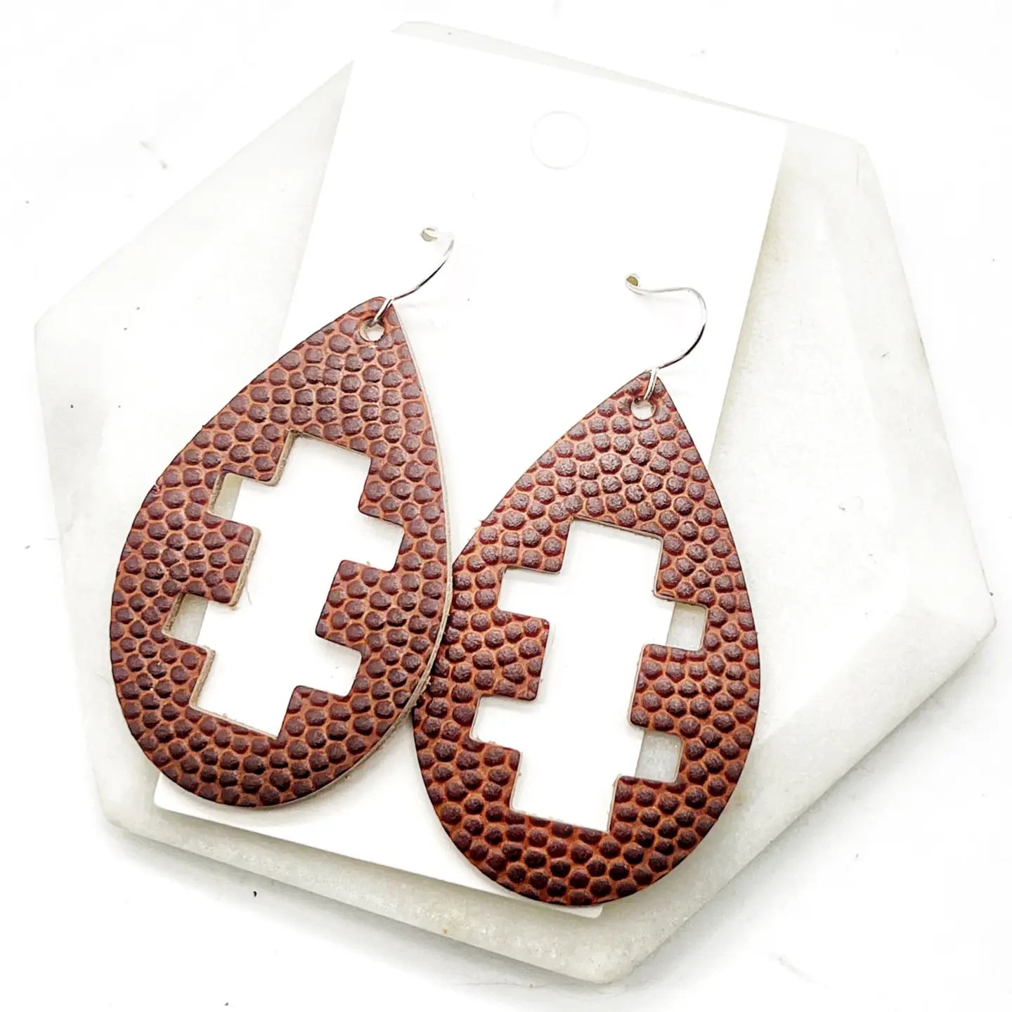 FOOTBALL LEATHER CUTOUT STATEMENT HANDMADE BBB EARRINGS