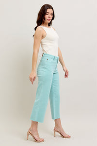 LIGHT BLUE SKY HIGH WAIST GARMENT DYED RAW HEM CROP WIDE LEG JUDY BLUE DENIM-PLUS