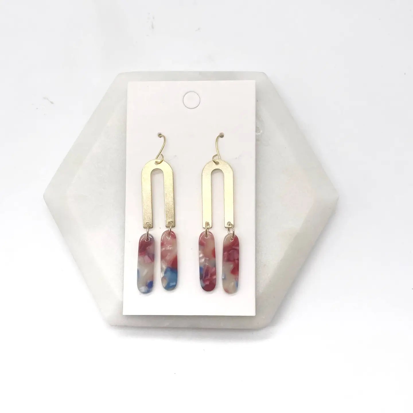 PINK CORAL BLUE ACRYLIC DANGLY GOLD OBLONGATED ARCH HANDMADE BBB EARRINGS