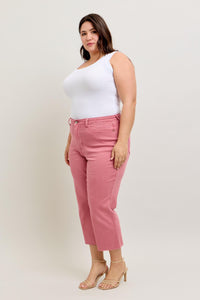 ROSE HIGH WAIST GARMENT DYED RAW HEM CROP WIDE LEG JUDY BLUE DENIM-PLUS