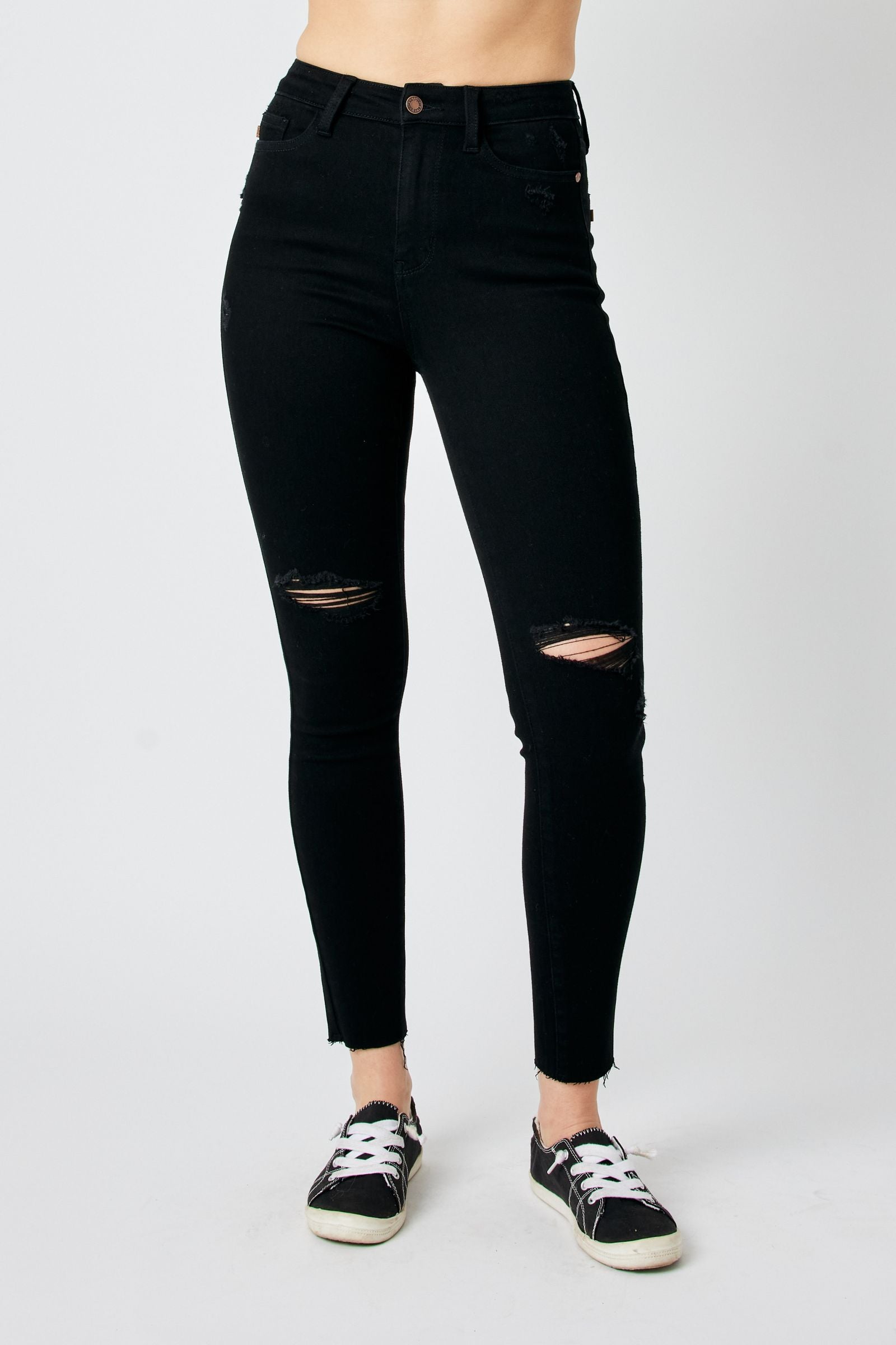 BLACK JUDY BLUE HIGH WAIST HEAVY DESTROYED RAW HEM SKINNY DENIM-PLUS