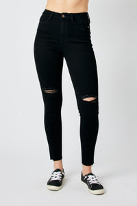 BLACK JUDY BLUE HIGH WAIST HEAVY DESTROYED RAW HEM SKINNY DENIM-PLUS
