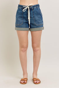 DARK WASH HIGH WAIST CUFFED JOGGER SHORTS BY JUDY BLUE DENIM-PLUS