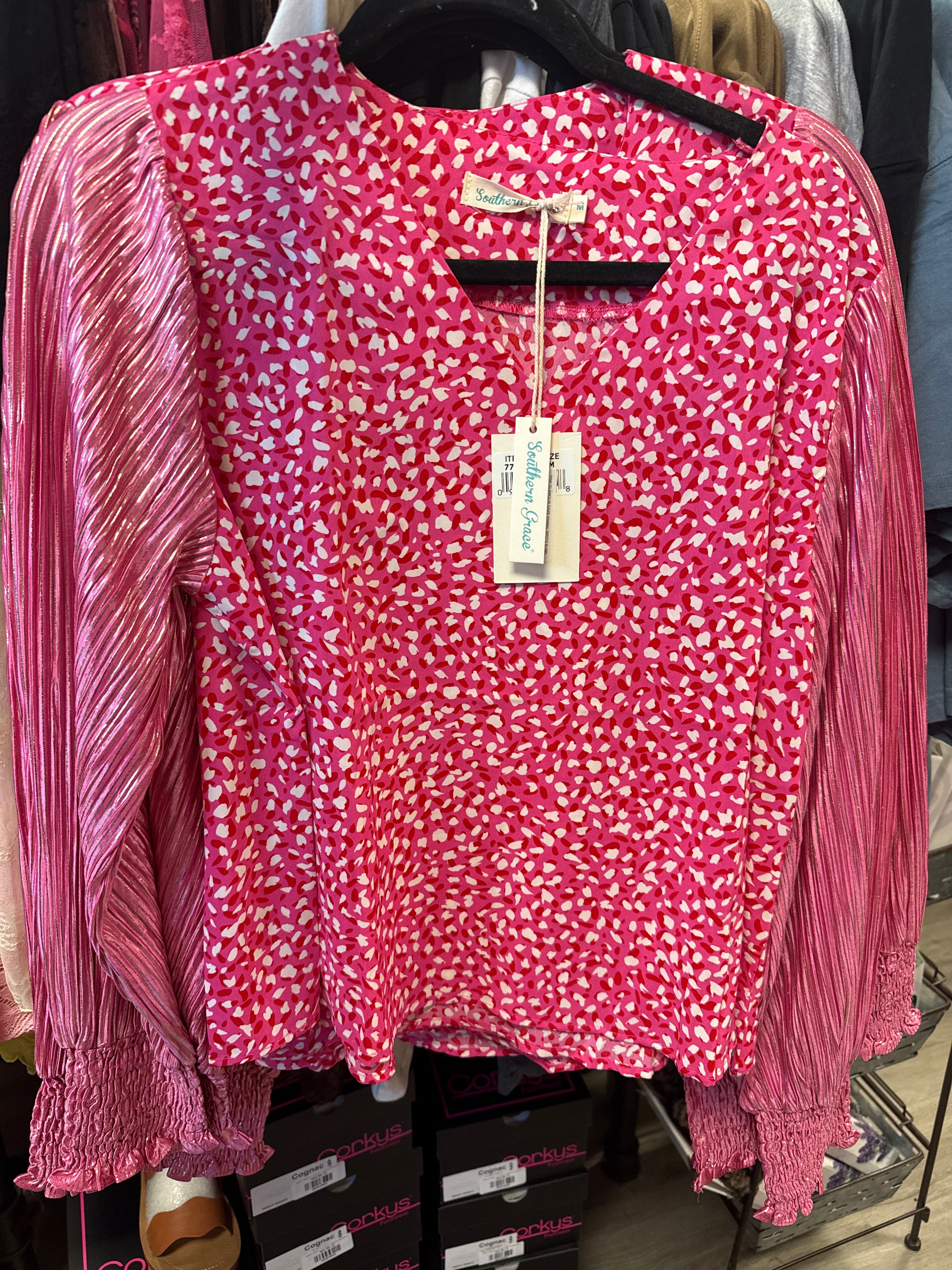 PINK GLAMOUR GAZE ANIMAL SPOTS BUBBLE FOIL SLEEVES TOP- SALE