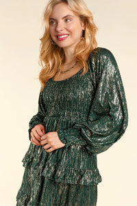 GOLDEN HUNTER GREEN SHIMMERY SPARKLY SMOCKED FIT & FLARE DRESS