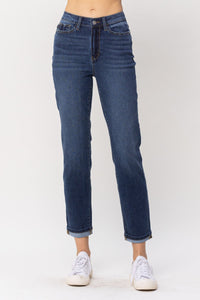 DARKWASH HIGH WAIST COOL DENIM SUSTAINABLE CUFF BOYFRIEND JUDY BLUE DENIM