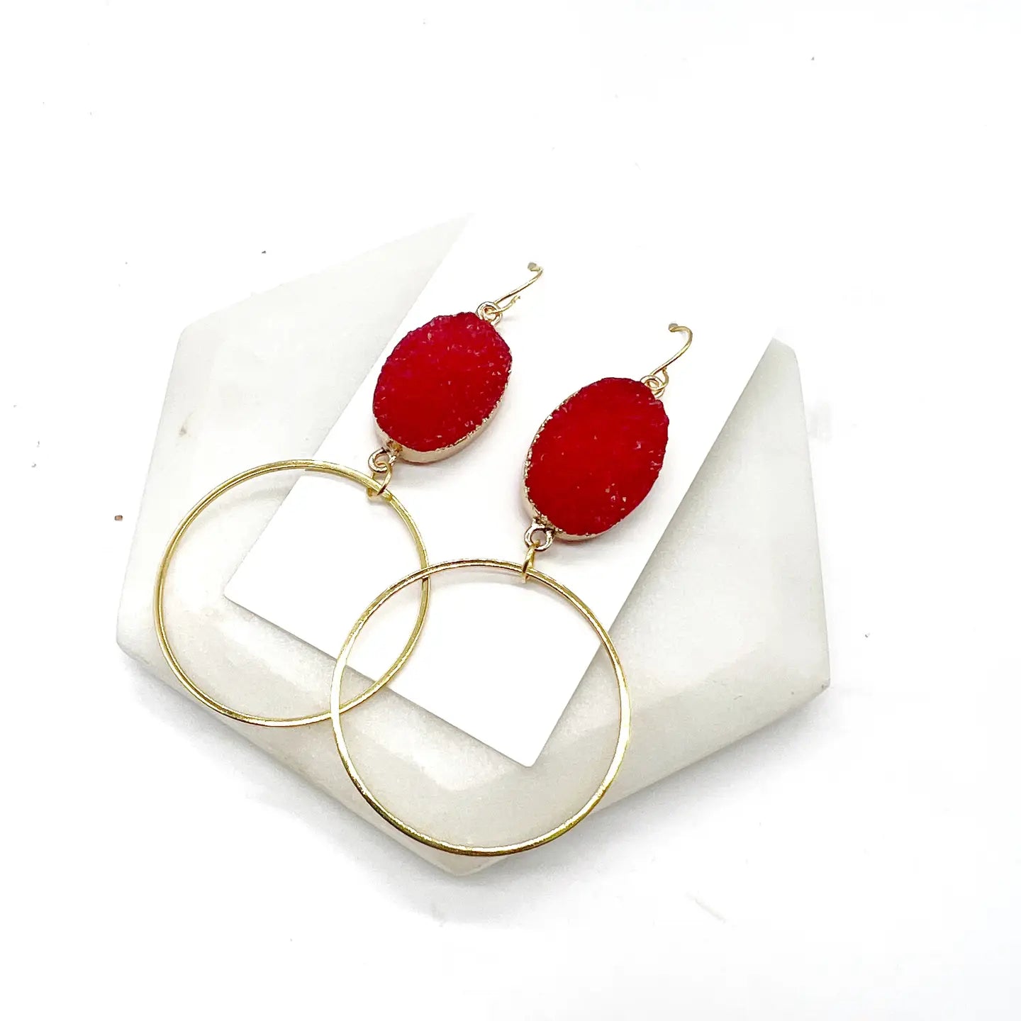 RED DRUZY GOLD CIRCLE HOOP STATEMENT DANGLY HANDMADE BBB EARRINGS