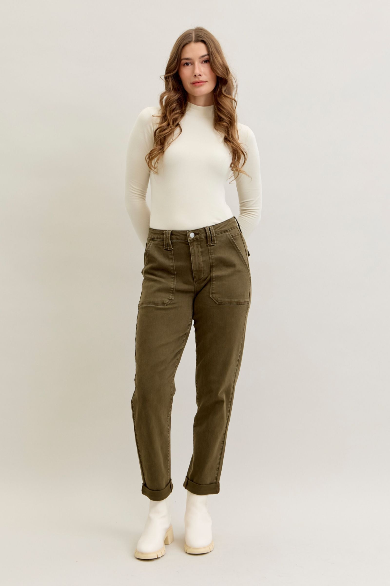 DARK FOREST GREEN HIGH WAIST AURORA WEEKENDER GARMENT DYED CUFFED JUDY BLUE DENIM-PLUS