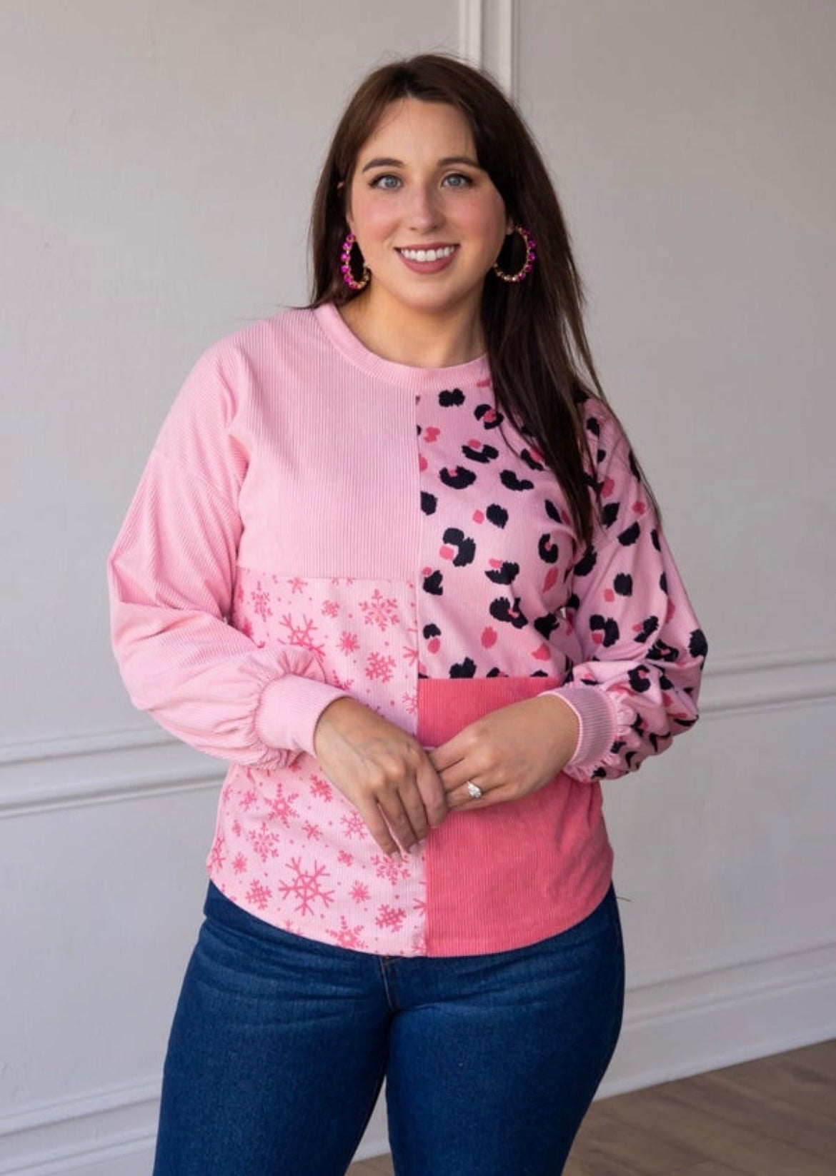 Pink Leopard Snowflake Corduroy Super Soft Holiday Sweatshirt Top