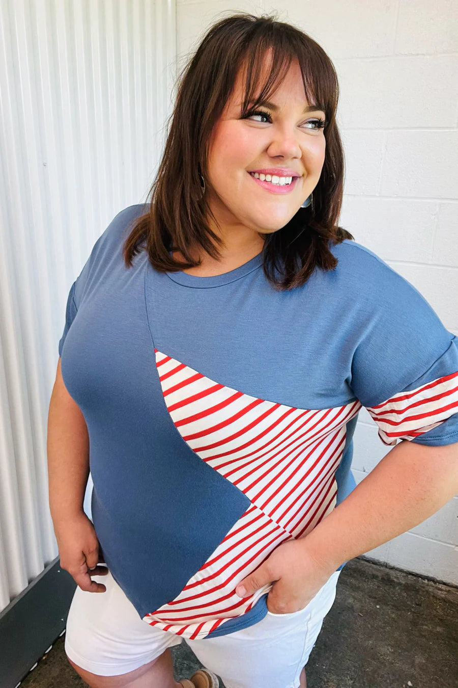 RED BLUE STAR STRIPE DETAIL FRENCH TERRY PATRIOTIC TOP- MEDIUM