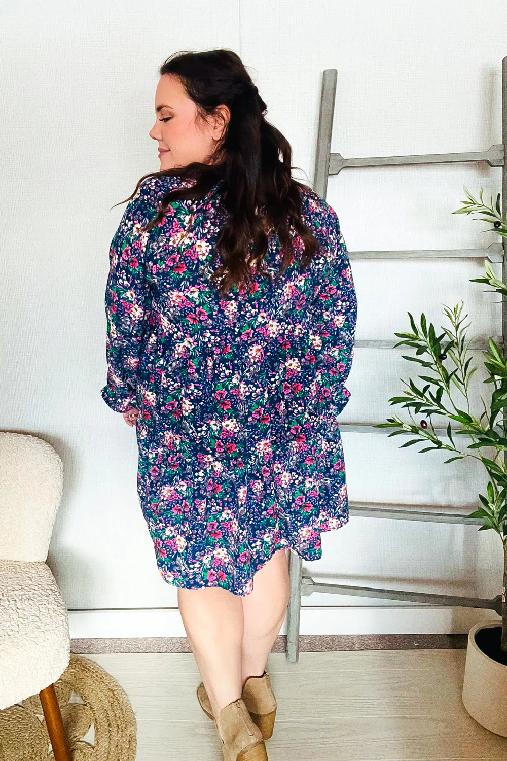 NAVY FLORAL BOW TIE BABYDOLL LONG SLEEVE RUFFLE DRESS- PLUS- 1X