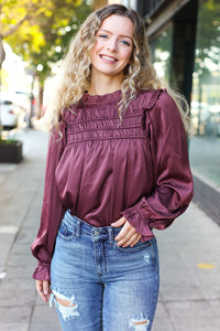 WINE MARSALA BE YOUR BEST SATIN SHIRRED YOKE FRILLY MOCK NECK BLOUSE