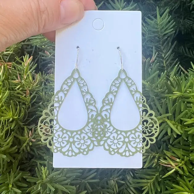 OLIVE SAGE GREEN FILIGREE TEARDROP METAL STATEMENT HANDMADE BBB EARRINGS