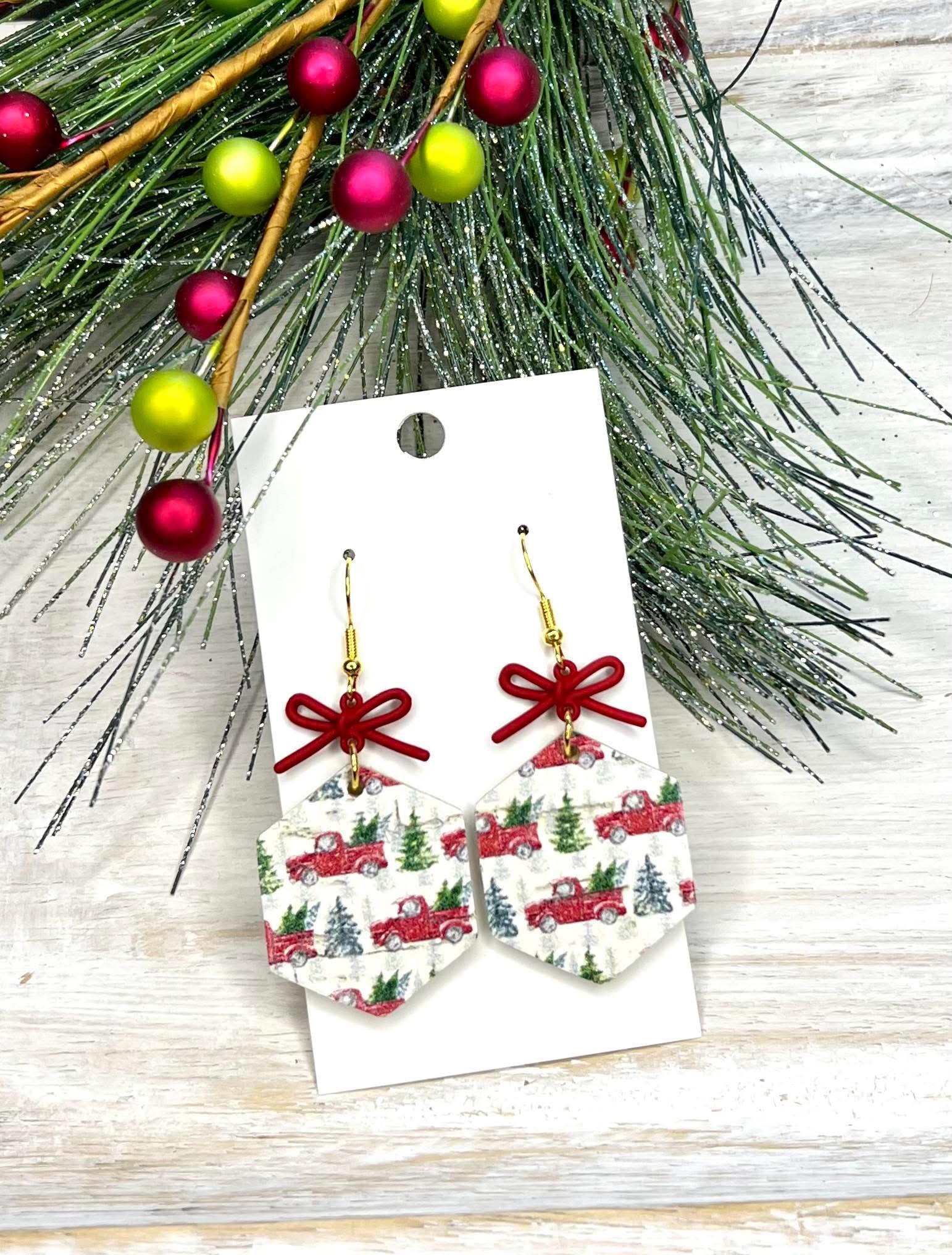 LITTLE RED TRUCKS HEXAGON SHAPE WITH RED METAL BOWS HANDMADE EARRINGS BY B.O.D