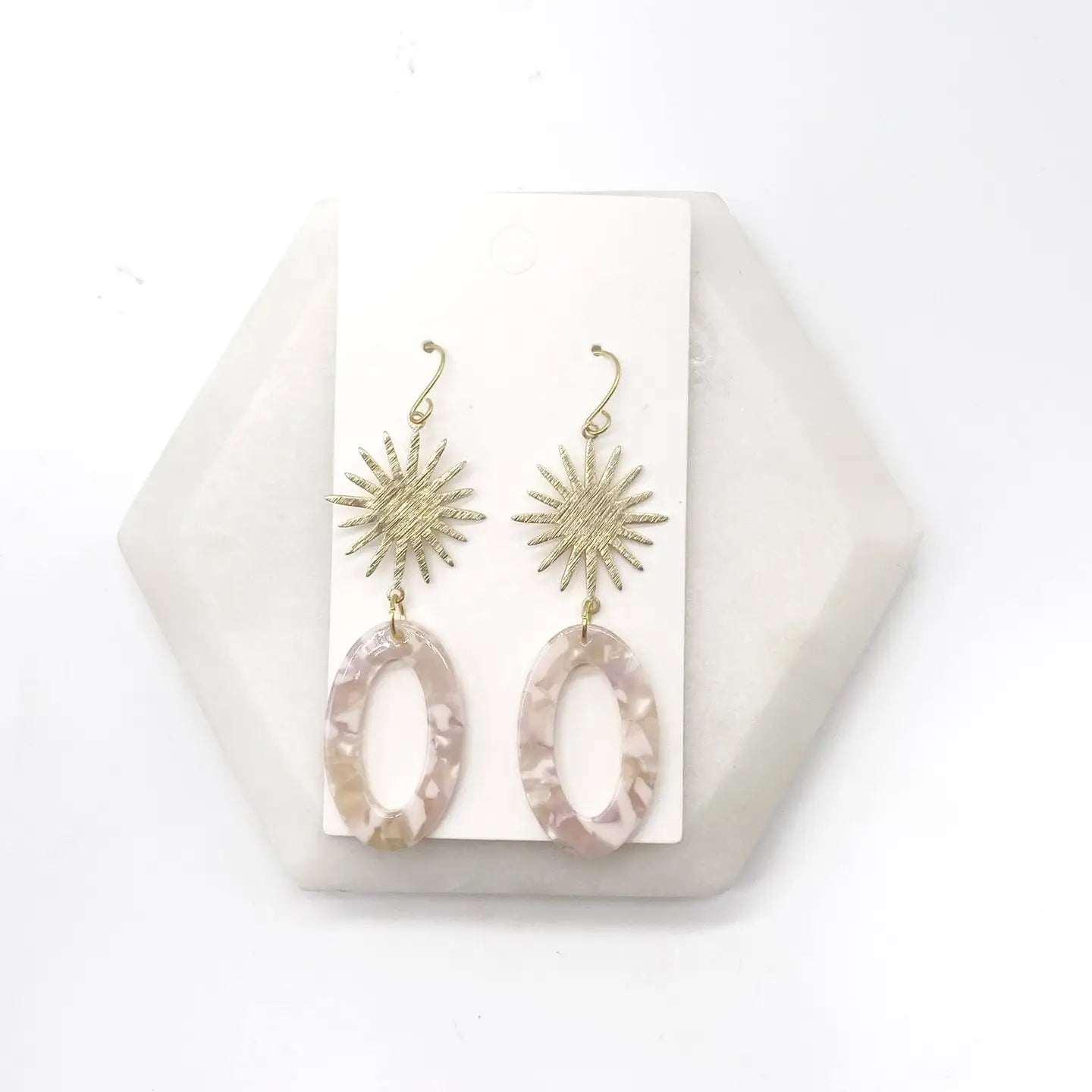 PEACH OVAL LOOPED SUNBURST SPARK ACRYLIC GOLD STATEMENT HANDMADE BBB EARRINGS