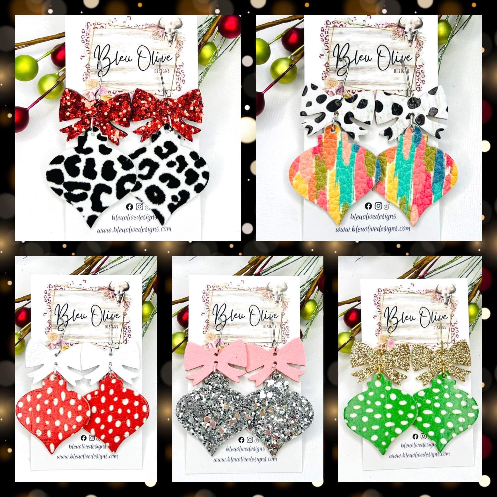 GLITZ & GLAM CHRISTMAS ORNAMENT WITH BOW HANDMADE EARRINGS BY B.O.D