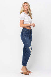 Darkwash High Waist Zig Zag Button Fly Destroyed Boyfriend Judy Blue Denim