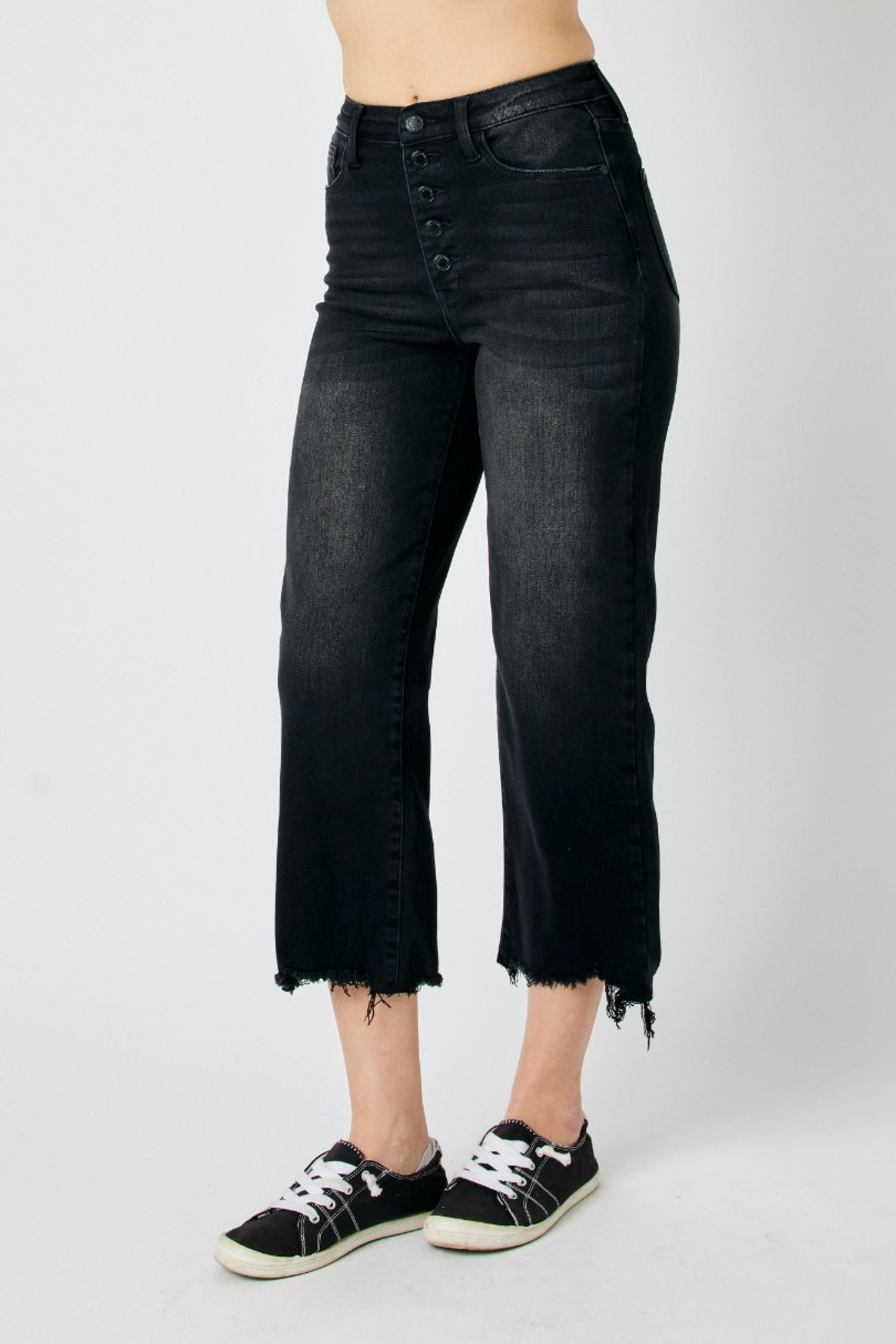 BLACK HIGH WAIST DESTROYED RAW HEM CROP WIDE LEG JUDY BLUE DENIM-PLUS