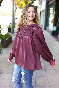 WINE MARSALA BE YOUR BEST SATIN SHIRRED YOKE FRILLY MOCK NECK BLOUSE